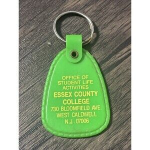 Vintage Essex College West Caldwell NJ Green Plastic Key Ring Keychain Souvenir